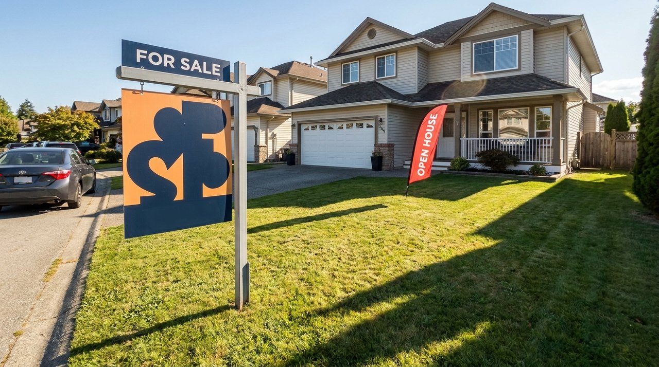 For Sale sign at a Surrey home listing Candid phone photo of a 'For Sale' real-estate sign at the curb of a Surrey, BC home with an open-house feel — the listing stage of the home-selling process AG. Song manages, for AG. Song REALTOR®