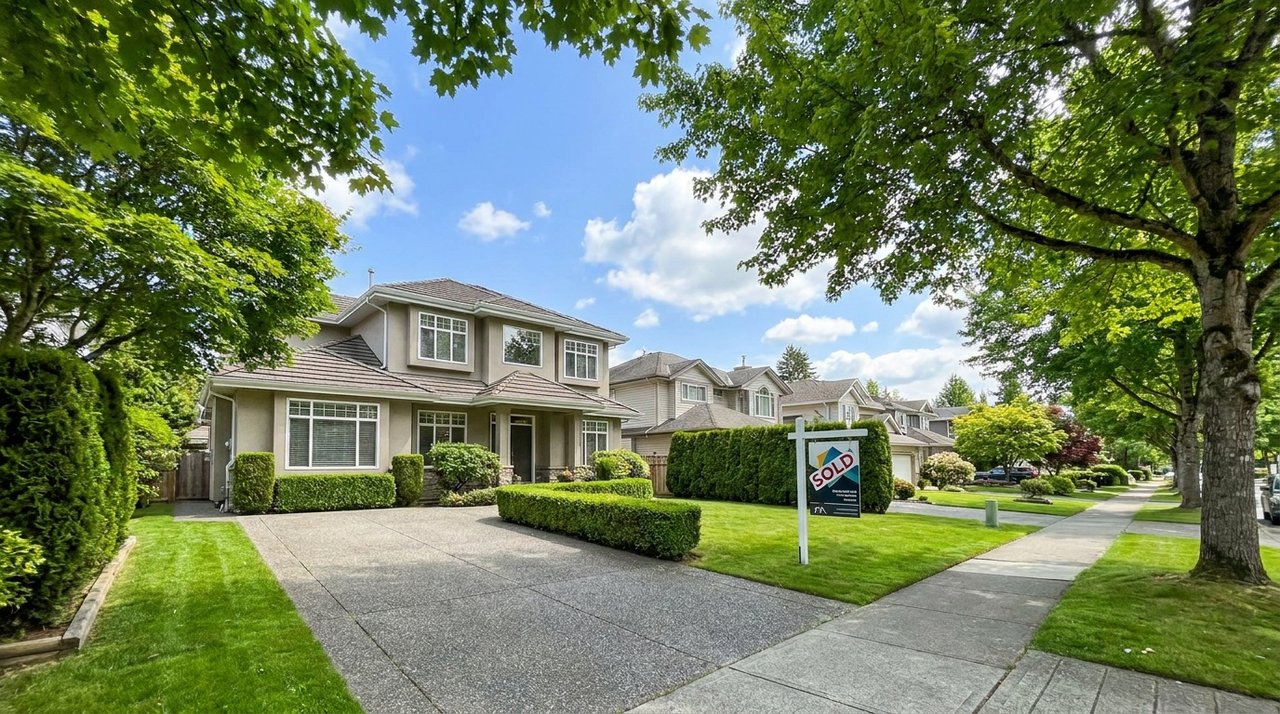 A sold detached home in Surrey Architectural render of a SOLD detached home on a leafy Surrey, BC street — a professional real-estate 'SOLD' sign on the front lawn of a well-kept two-storey house — the result AG. Song delivers for Surrey home sellers, for AG. Song REALTOR®