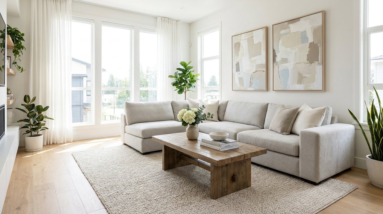 Professionally staged living room in a Surrey home for sale Editorial photo of a professionally staged bright living room in a Surrey, BC home prepared for sale — neutral furniture, fresh flowers, natural light — the presentation standard AG. Song coordinates for sellers, for AG. Song REALTOR®