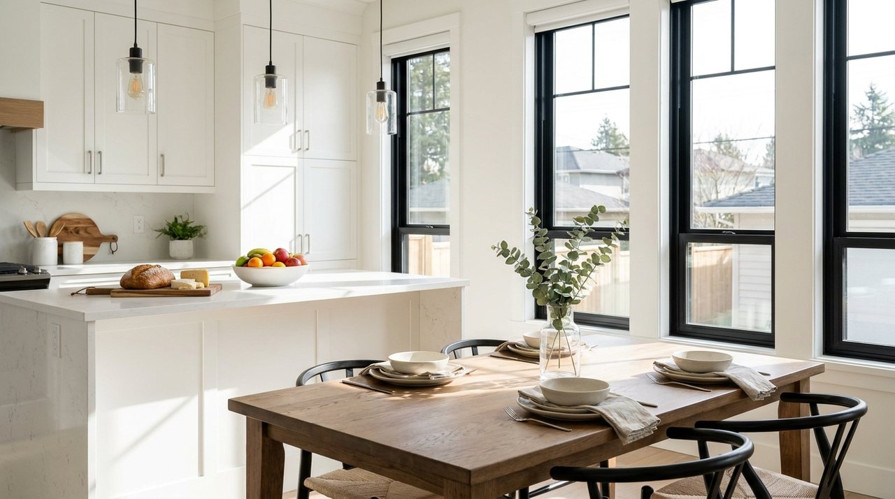 Editorial photo of a staged dining area and kitchen in a Surrey, BC home for sale, for AG. Song REALTOR®