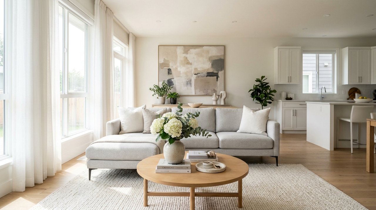 Editorial photo of a professionally staged bright living room in a Surrey, BC home prepared for sale, for AG. Song REALTOR®