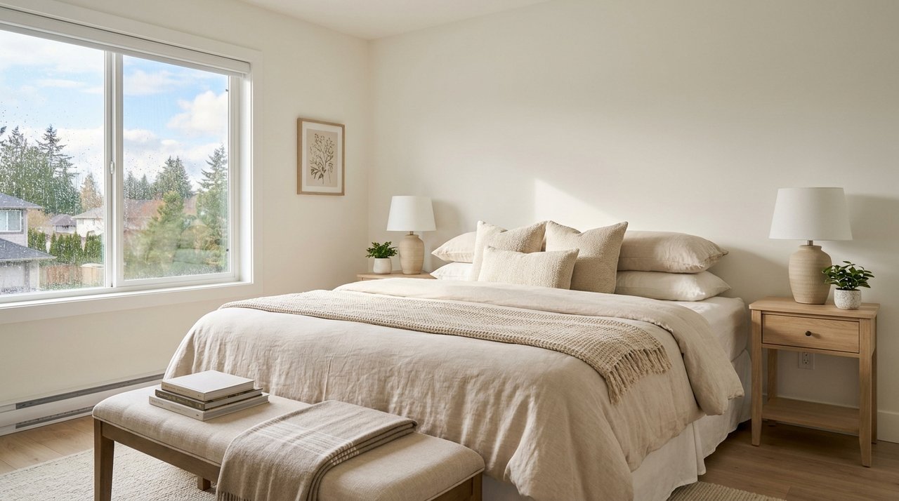 Editorial photo of a professionally staged primary bedroom in a Surrey, BC home for sale, for AG. Song REALTOR®
