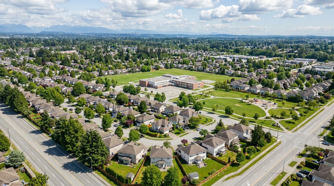 Aerial drone photo of a Surrey, BC suburb of detached homes, for AG. Song REALTOR®