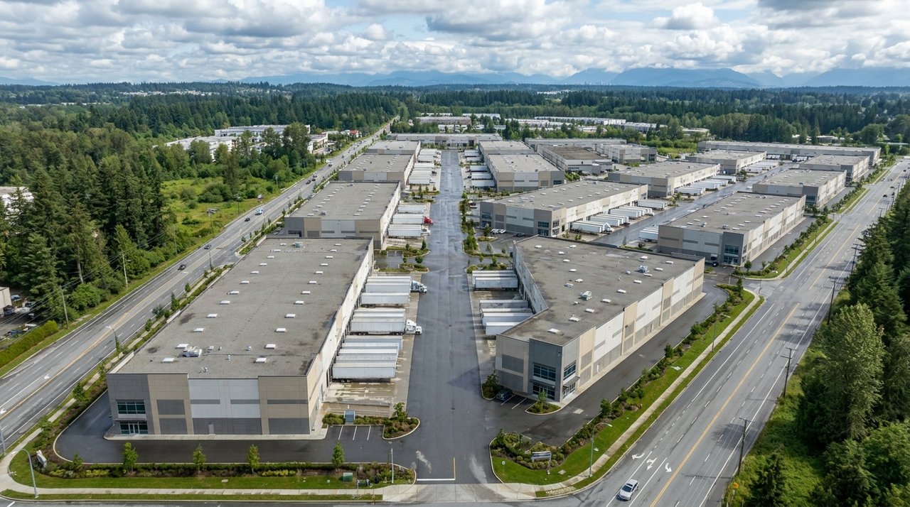 Surrey industrial park aerial Aerial drone photo of a Surrey, BC industrial park with warehouses and yards, for AG. Song REALTOR®