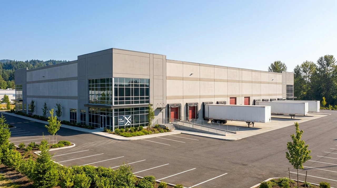 Surrey industrial property Architectural render of a modern industrial warehouse building in Surrey, BC available for sale or lease, for AG. Song REALTOR®
