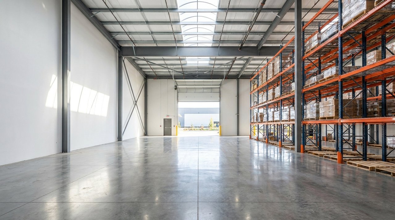 Surrey warehouse interior Architectural render of a clean modern warehouse interior in Surrey, BC with high ceilings and racking, for AG. Song REALTOR®