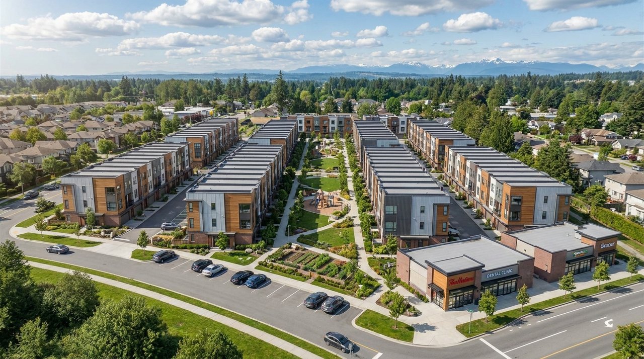 Surrey investment properties — aerial townhome cluster Aerial architectural render of a Surrey, BC high-density townhome cluster — the kind of rental-market context AG. Song models for investment-property clients, for AG. Song REALTOR®