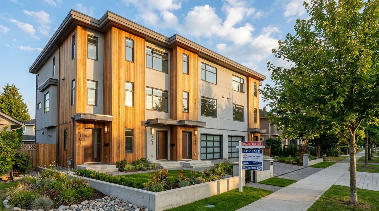 Surrey investment properties — multi-family asset exterior Architectural render of a modern Surrey, BC duplex / triplex investment property — the kind of multi-family asset AG. Song sources for investment-property clients, for AG. Song REALTOR®