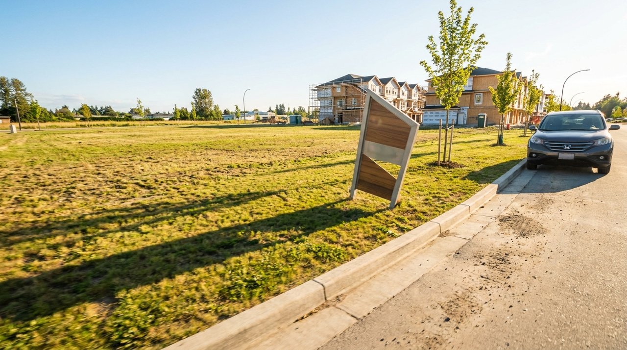 Candid phone photo of cleared land with a for-sale sign in Surrey, BC, for AG. Song REALTOR®