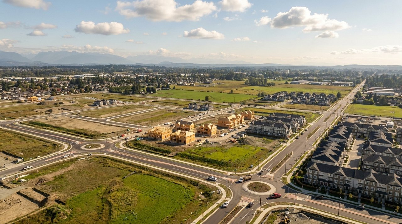 Aerial drone photo of land and development parcels in a Surrey, BC growth area, for AG. Song REALTOR®