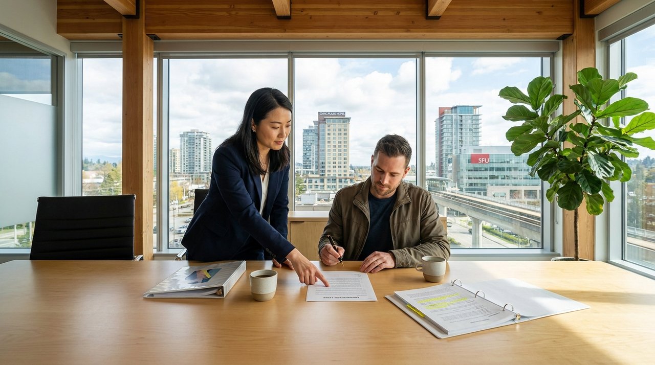 Architectural render of a Surrey, BC lease negotiation meeting — a licensed REALTOR walking a tenant client through a commercial lease agreement at a blond-wood conference table, two open binders, a pen mid-signature, Surrey City Centre visible through the floor-to-ceiling window, for AG. Song REALTOR®