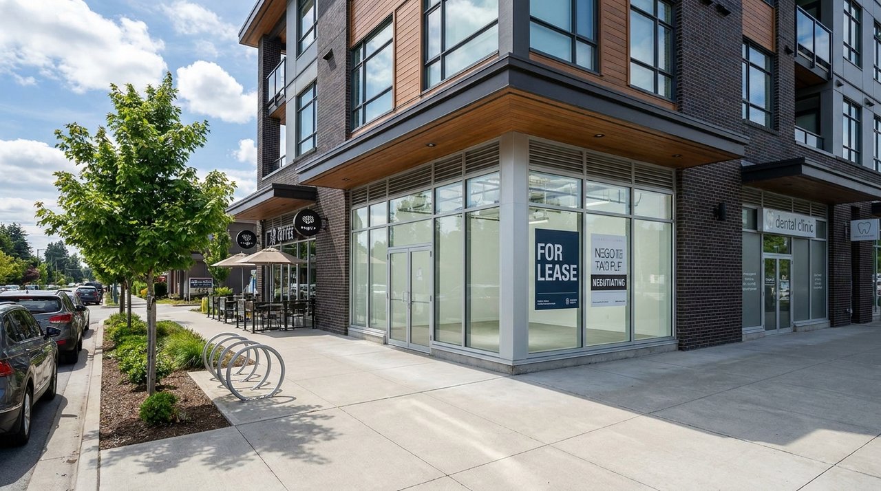 Architectural render of a Surrey, BC ground-floor commercial retail unit with a professional 'FOR LEASE — NEGOTIATING' window decal — the asset side of the lease-negotiation engagement AG. Song manages for tenant and landlord clients, for AG. Song REALTOR®