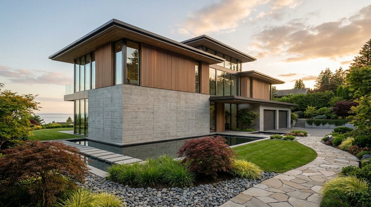 Surrey luxury homes — South Surrey estate exterior Architectural render of a luxury South Surrey / White Rock-style estate — board-formed concrete and cedar, ocean glimpse, manicured grounds — the calibre of property AG. Song represents for her luxury-homes clients, for AG. Song REALTOR®