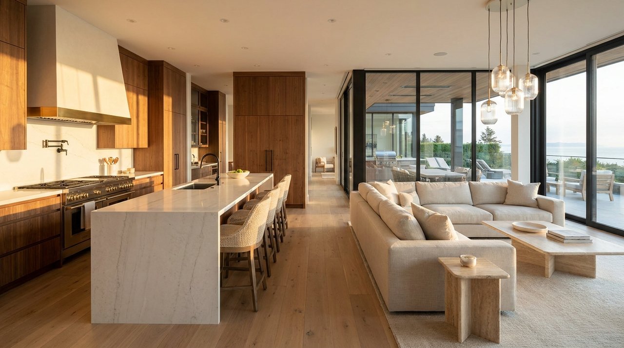 Surrey luxury homes — luxury kitchen interior detail Architectural render of a luxury kitchen and great-room interior detail — Sub-Zero, La Cornue, walnut millwork — the finish level AG. Song's luxury-home clients buy and sell, for AG. Song REALTOR®