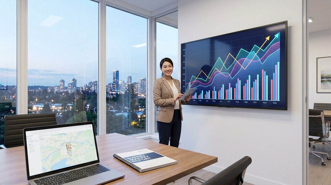 Reviewing Surrey market data Architectural render of a REALTOR reviewing Surrey, BC real-estate market charts on a large screen, for AG. Song REALTOR®