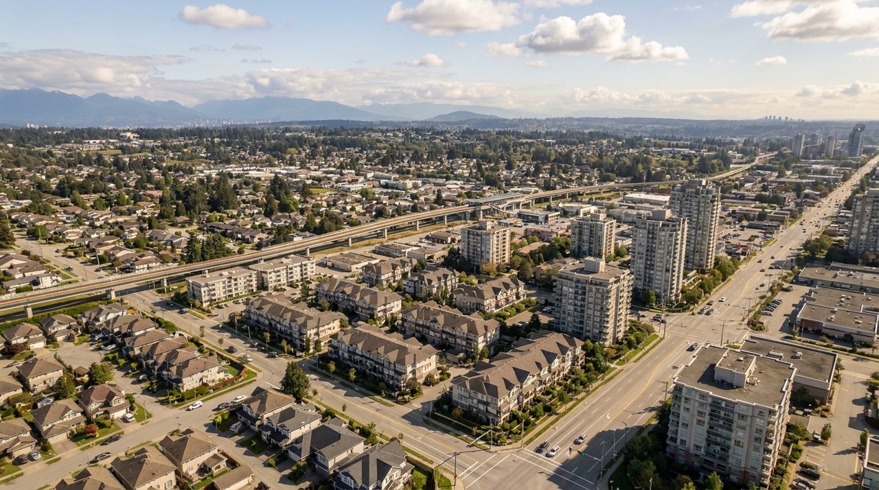 Surrey market area aerial Aerial drone photo of a Surrey, BC city area showing the housing market context, for AG. Song REALTOR®