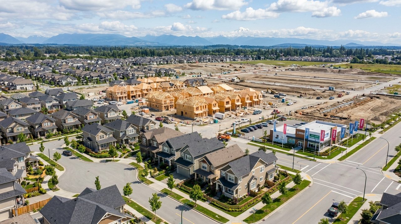 Aerial architectural render of a Surrey, BC master-planned community under construction — the kind of new-build subdivision AG. Song's new-construction clients buy into, for AG. Song REALTOR®
