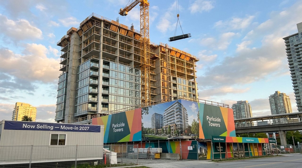 Architectural render of a Surrey City Centre, BC pre-sale concrete-and-glass mid-rise under construction — a tower crane lift visible, the kind of new-construction asset AG. Song walks her purchasers through, for AG. Song REALTOR®
