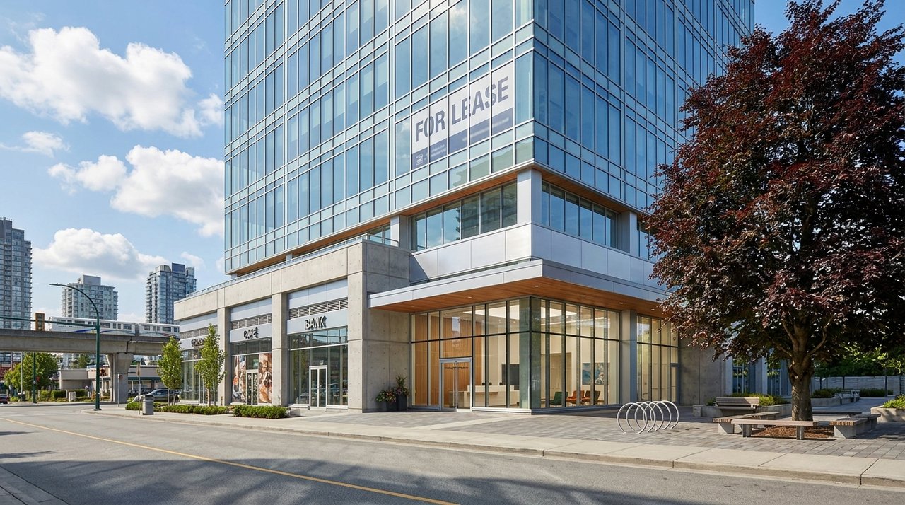 Architectural render of a Surrey City Centre, BC mid-rise office tower with ground-floor retail and a 'FOR LEASE' commercial banner — the type of office asset AG. Song leases for commercial clients, for AG. Song REALTOR®