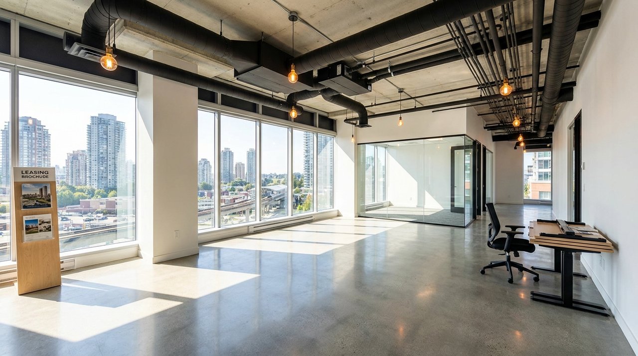 Architectural render of an empty open-plan Surrey, BC office floor ready for a new tenant — polished concrete, exposed ductwork, sit-stand desks awaiting installation, the leasable inventory AG. Song markets, for AG. Song REALTOR®