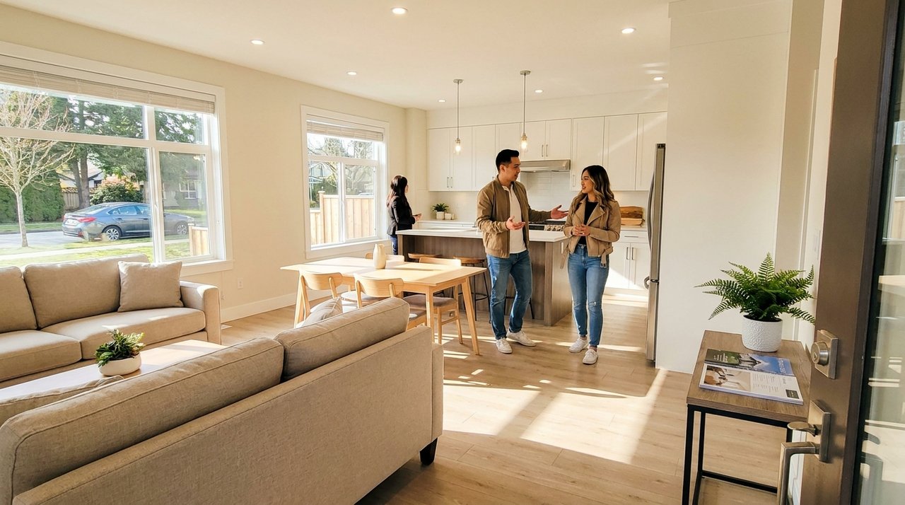 Guests touring a Surrey open house Candid phone photo of guests touring a bright staged interior at a Surrey, BC open house, for AG. Song REALTOR®