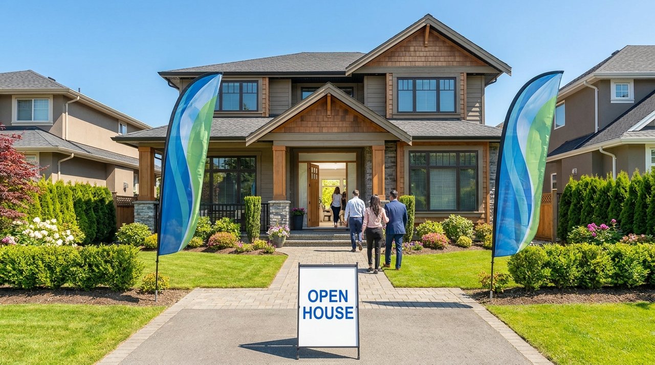 Open house at a Surrey home Architectural render of a Surrey, BC home set up for an open house with feather flags and a sign, visitors arriving, for AG. Song REALTOR®