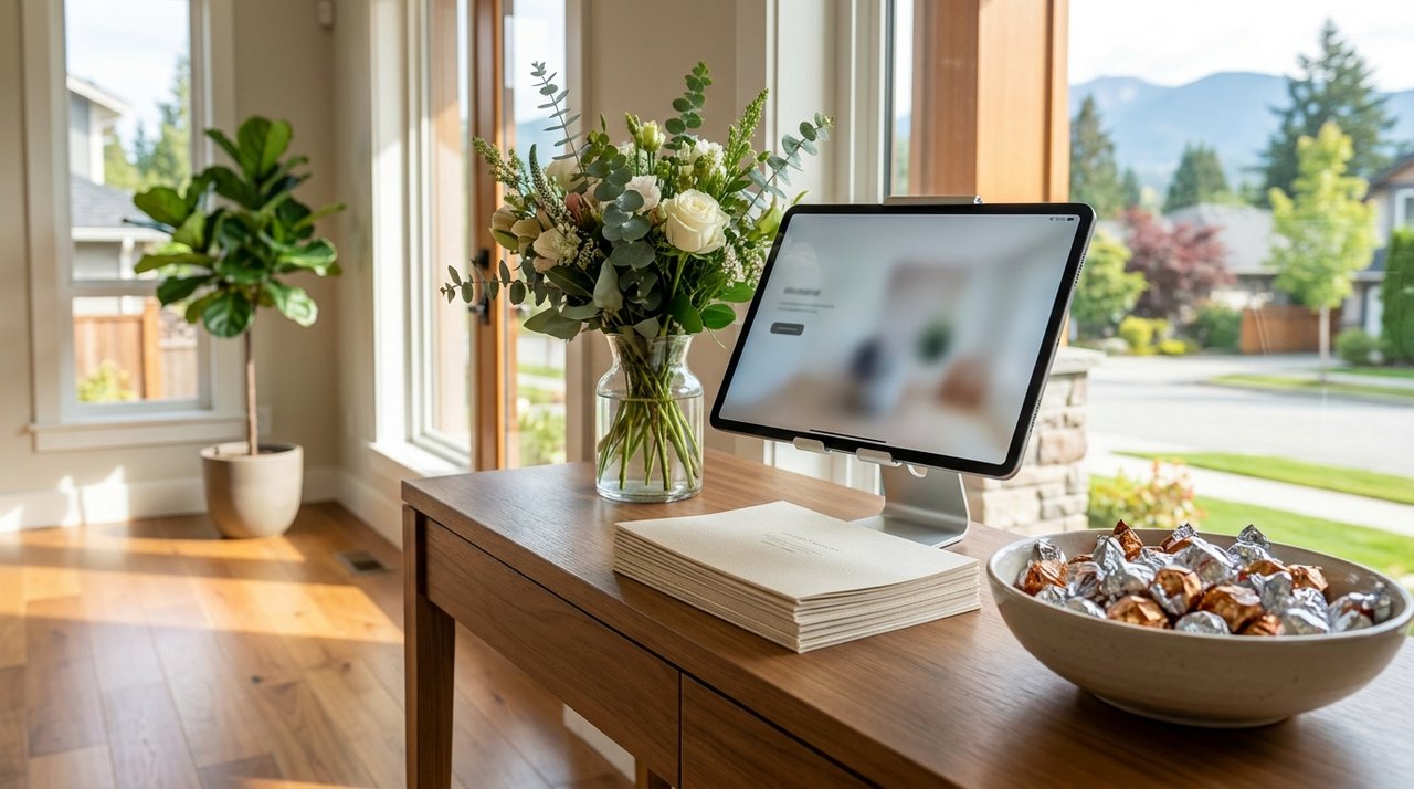 Open house welcome table Architectural render of an open-house welcome table with a sign-in tablet and brochures in a Surrey, BC home, for AG. Song REALTOR®