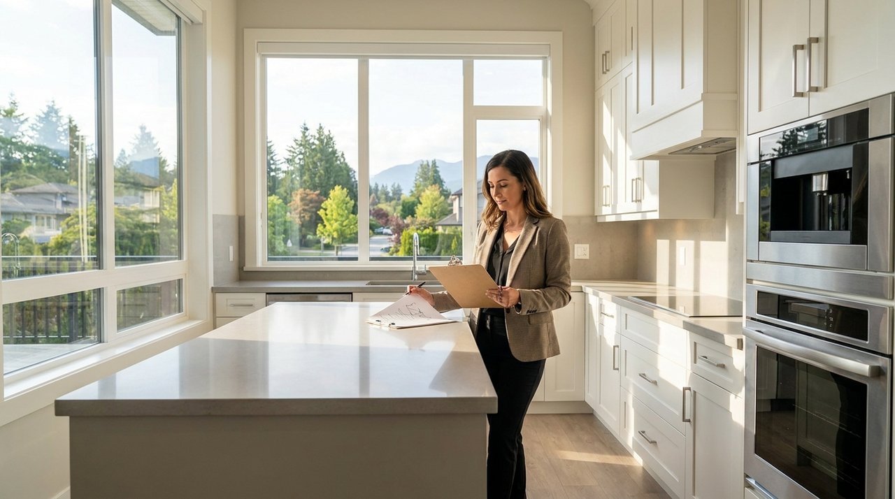 Architectural render of a REALTOR making valuation notes on a clipboard inside a Surrey, BC home, for AG. Song REALTOR®