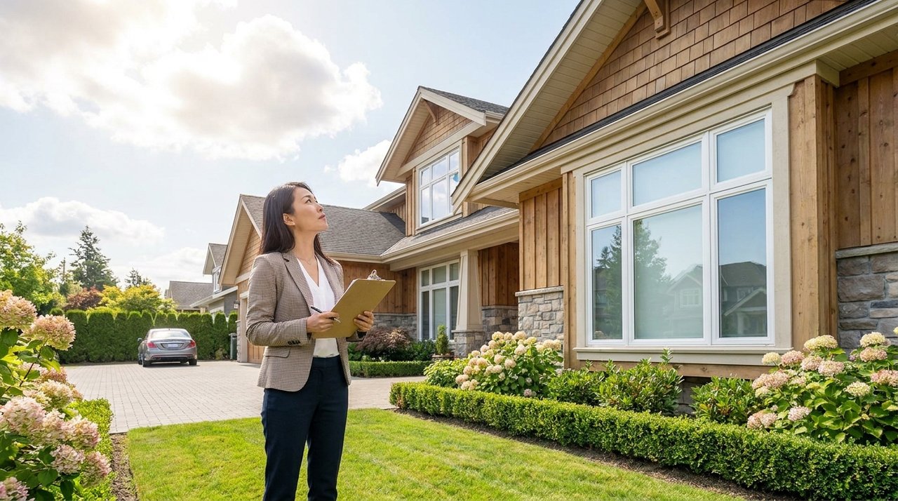 Architectural render of a REALTOR walking a Surrey, BC home with a clipboard for a pre-listing valuation, for AG. Song REALTOR®