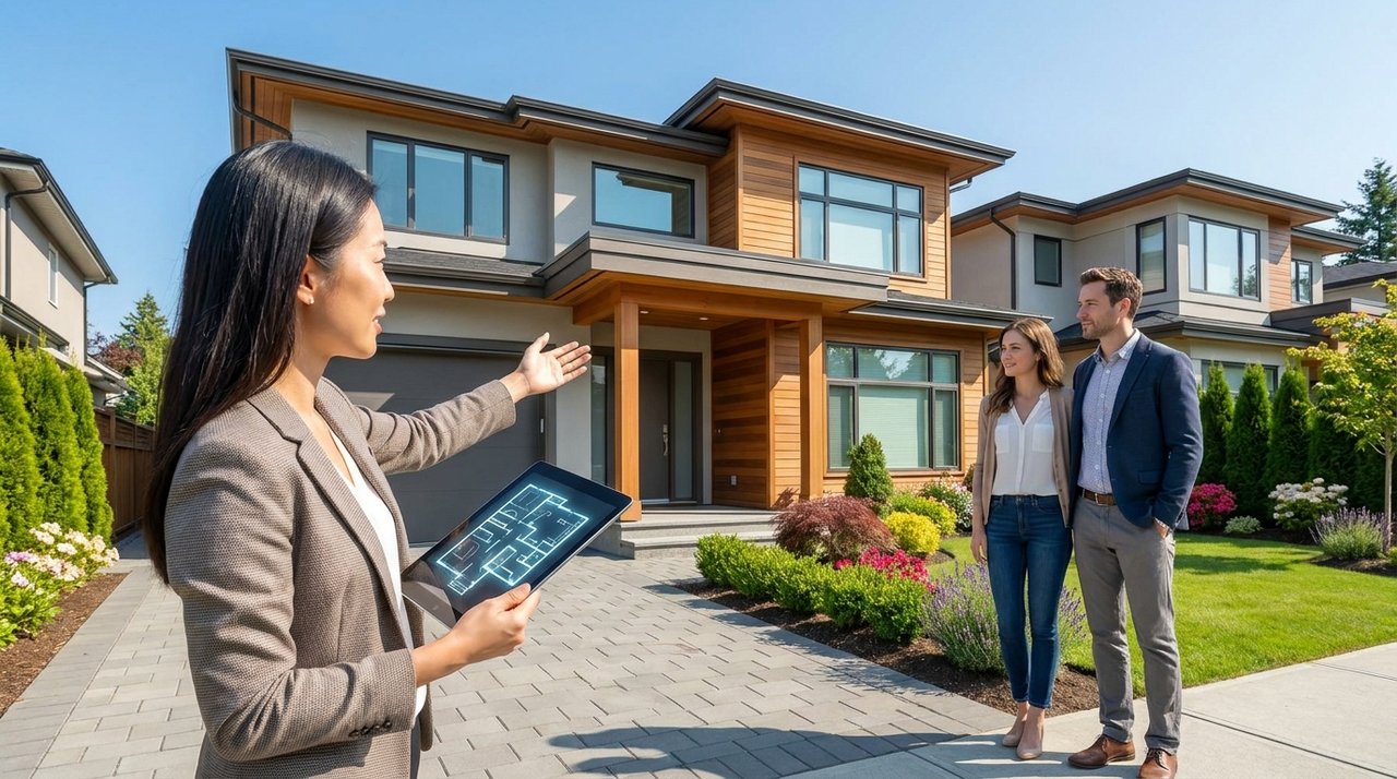 Architectural render of a buyer and REALTOR assessing a Surrey, BC home's value before making an offer, for AG. Song REALTOR®