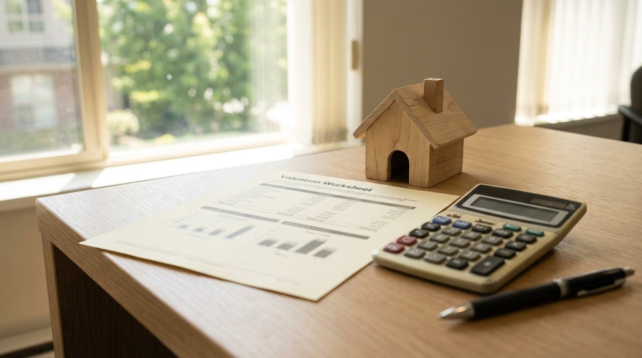 Editorial photo of a pre-purchase valuation worksheet and calculator on a Surrey, BC desk, for AG. Song REALTOR®