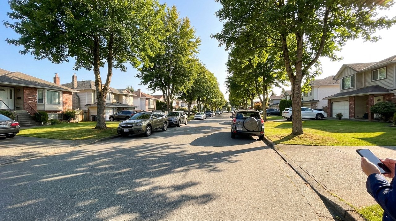 Candid phone photo of a Surrey, BC street of similar detached homes used as pricing comparables, for AG. Song REALTOR®