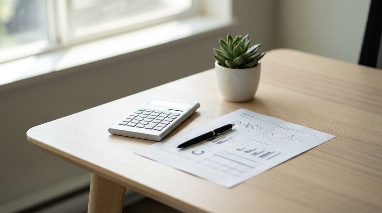 Editorial photo of a calculator and printed comparable-sales sheet on a desk for a Surrey, BC pricing analysis, for AG. Song REALTOR®