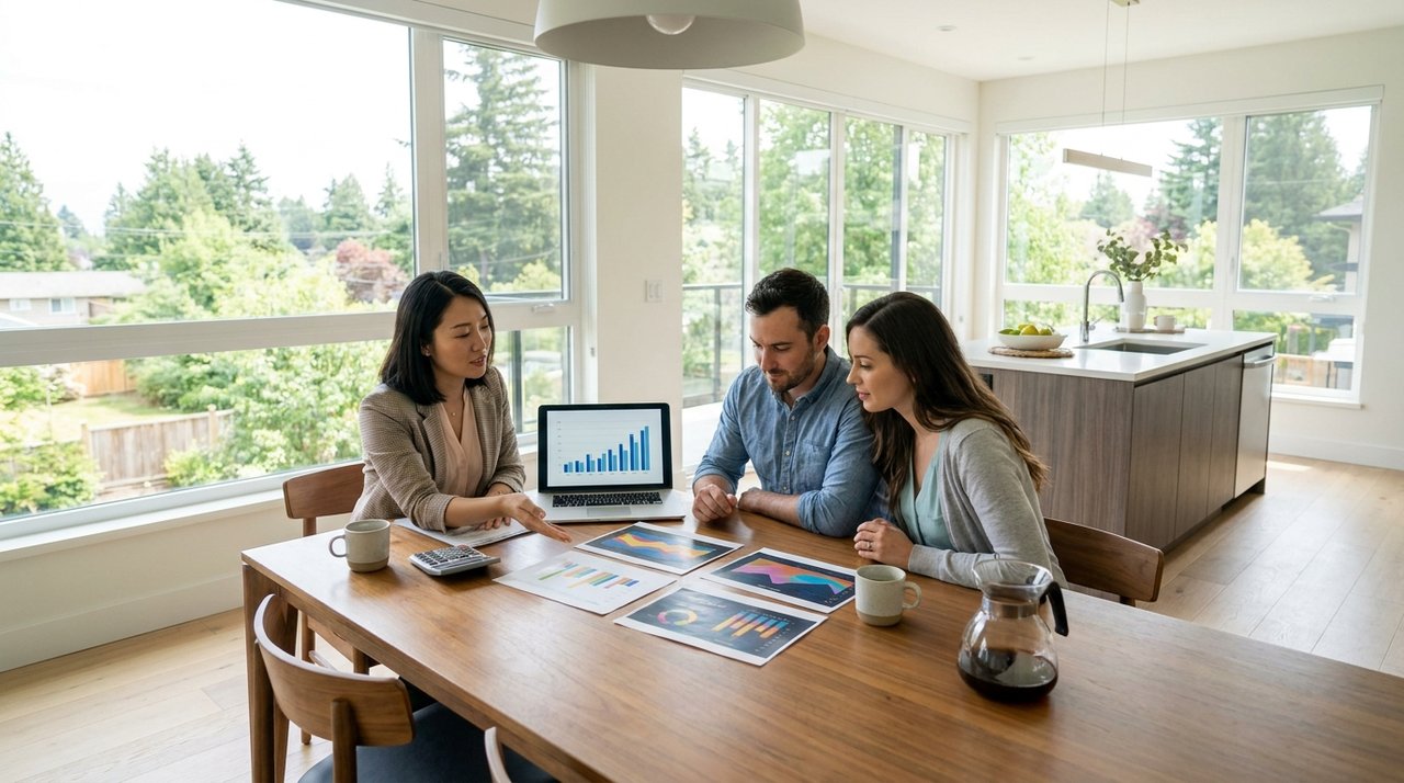 Architectural render of a pricing-strategy consultation with comparables spread on a table in a Surrey, BC home, for AG. Song REALTOR®