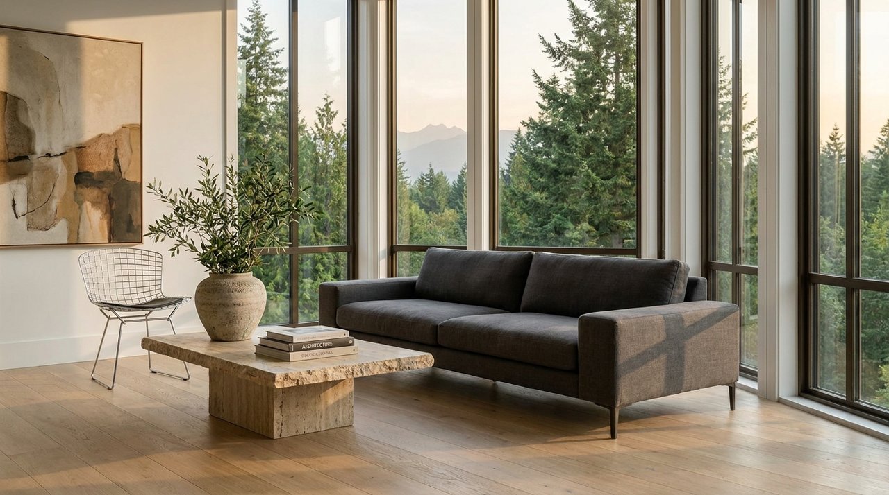 Architectural render of a curated Surrey, BC living room — wide-plank oak floors, linen sofa, floor-to-ceiling glazing — the finish quality AG. Song discusses with property-consulting clients, for AG. Song REALTOR®