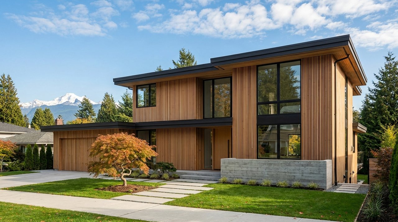 Architectural render of a modern Surrey, BC single-family home — the kind of property AG. Song advises clients on during property-consulting engagements, with clean West Coast contemporary lines and the Cascades on the horizon, for AG. Song REALTOR®