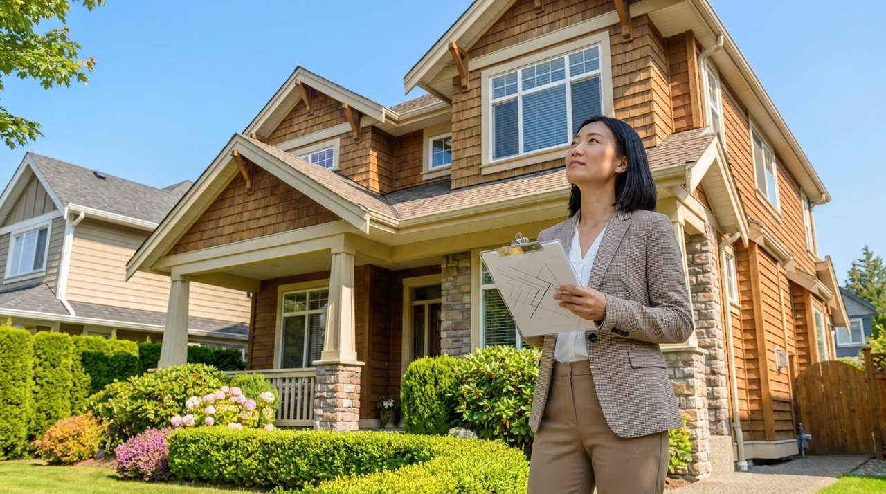 Property valuation services in Surrey Architectural render of a REALTOR assessing a Surrey, BC home's value with a clipboard, for AG. Song REALTOR®