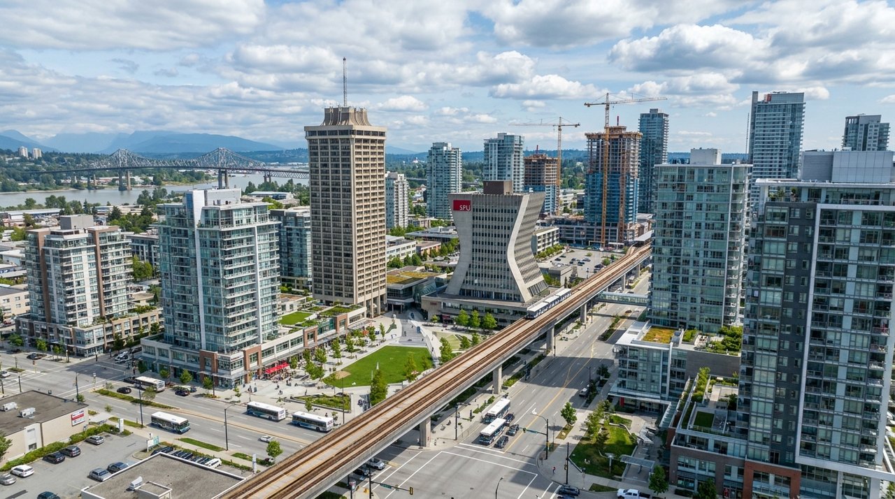 Surrey real estate consulting — Surrey City Centre aerial context Aerial architectural render of Surrey City Centre commercial corridor — Civic Plaza tower, SFU Surrey, and the SkyTrain Expo Line guideway cutting diagonally, the urban context AG. Song navigates for real-estate consulting clients, for AG. Song REALTOR®