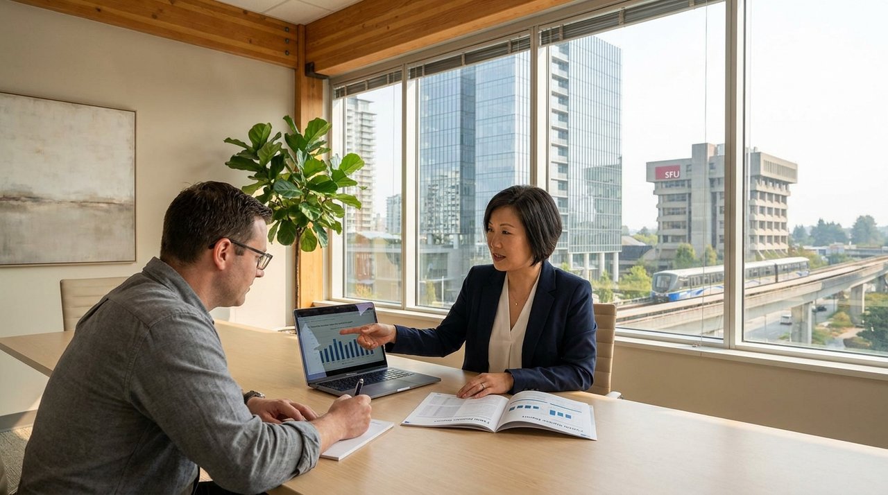 Surrey real estate consulting — professional consultation meeting Architectural render of a Surrey, BC real estate consulting meeting — a licensed REALTOR sitting at a blond-wood conference table with a laptop, printed FVREB market reports, and a client, floor-to-ceiling windows onto the Surrey City Centre skyline behind them, for AG. Song REALTOR®
