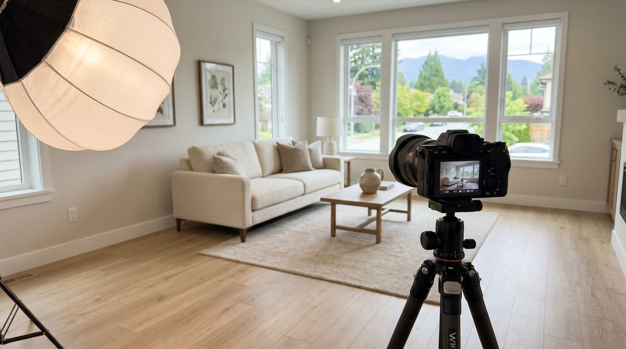 Editorial photo of a professional listing photography setup in a bright Surrey, BC home, for AG. Song REALTOR®