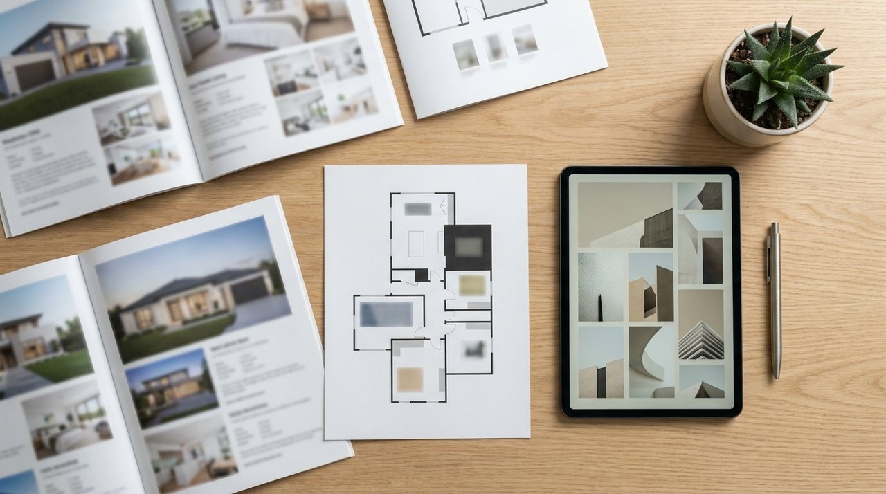 Editorial flatlay of printed real-estate marketing brochures and a tablet for a Surrey, BC listing, for AG. Song REALTOR®