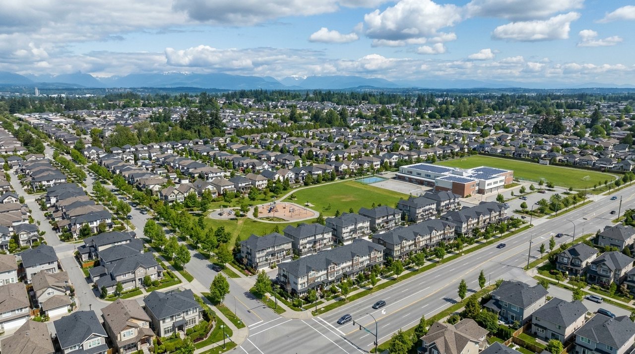 Aerial drone photo of a Surrey, BC residential neighbourhood used in listing marketing, for AG. Song REALTOR®