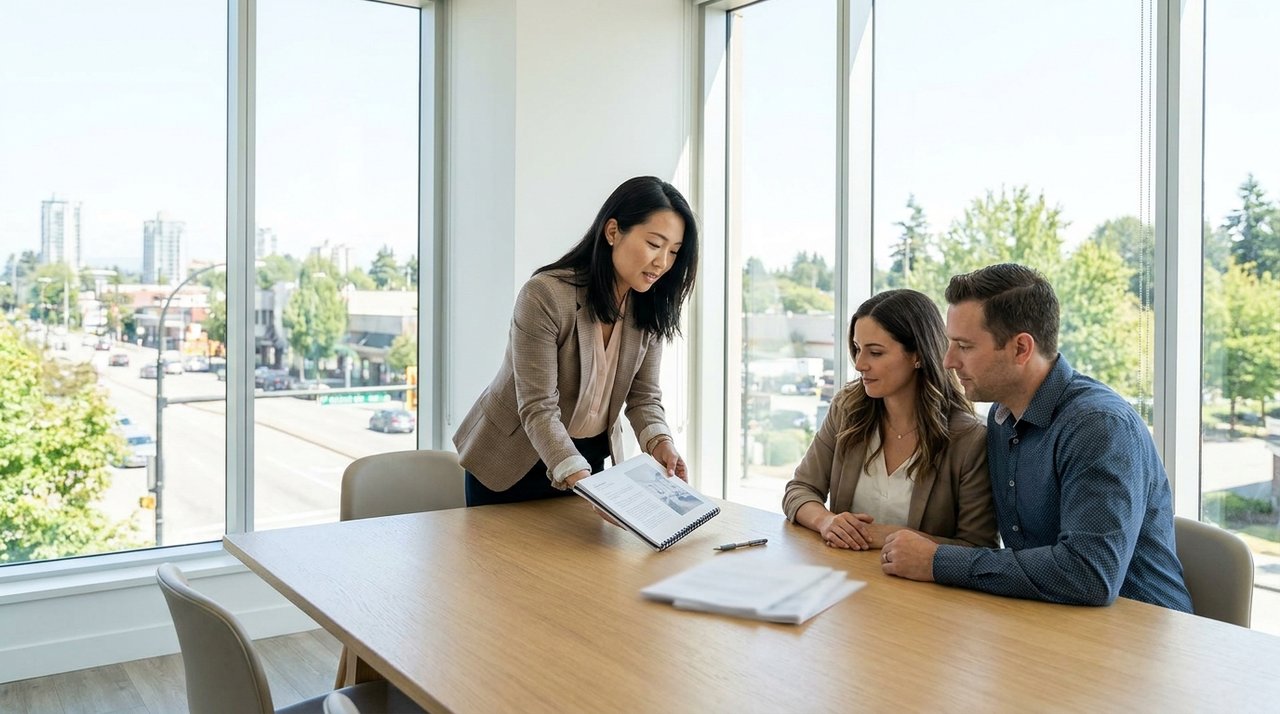 Real estate negotiation in Surrey Architectural render of a REALTOR negotiating a real-estate deal across a table on a client's behalf in Surrey, BC, for AG. Song REALTOR®