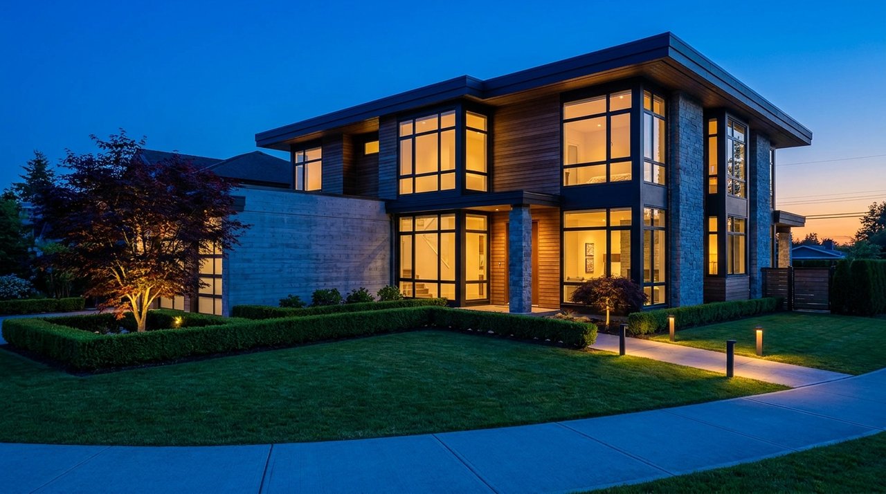 Architectural render of a polished twilight 'blue-hour' real-estate photography shot of a Surrey, BC executive home — interior windows lit warmly, sky a deep blue, the listing-photo quality AG. Song delivers for real-estate-photography clients, for AG. Song REALTOR®