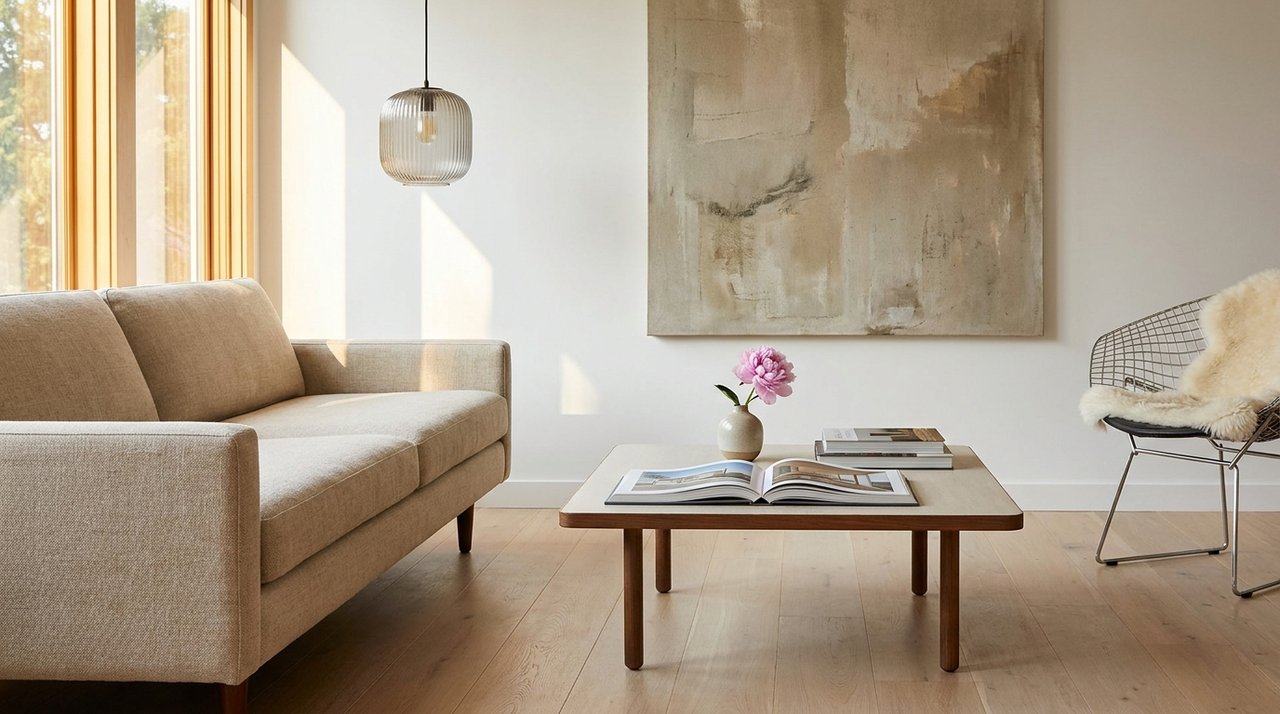 Architectural render of an editorial interior detail — a Surrey, BC living-room vignette with curated styling and natural light, the kind of frame AG. Song's real-estate-photography service delivers for listings, for AG. Song REALTOR®