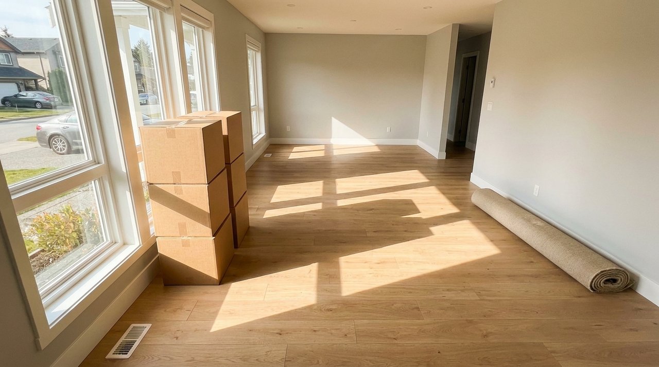 Candid phone photo of stacked moving boxes in a bright empty living room of a Surrey, BC home on moving day, for AG. Song REALTOR®
