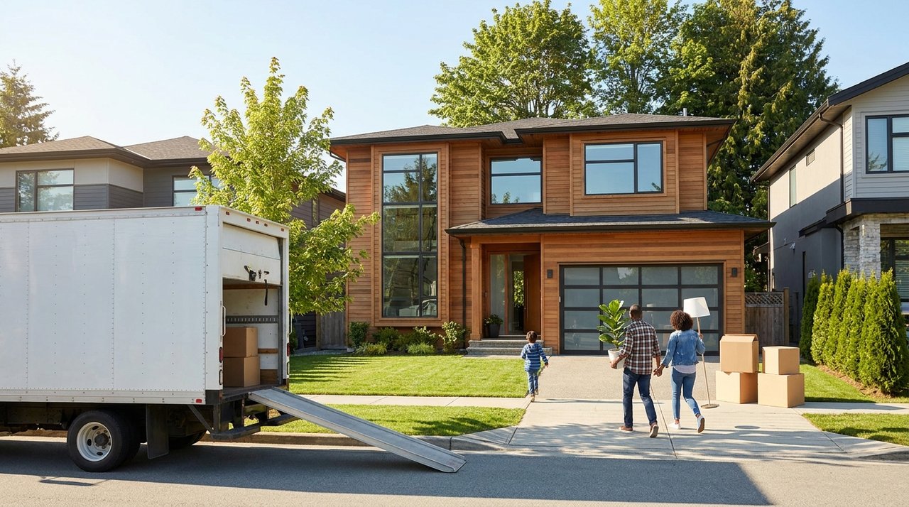 Architectural render of a family arriving on moving day at a new Surrey, BC home with a moving truck at the curb, for AG. Song REALTOR®