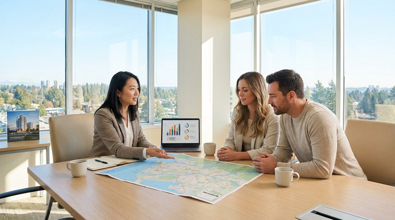 Architectural render of a relocation planning session with a REALTOR and a couple reviewing a Greater Vancouver area map at a table, for AG. Song REALTOR®