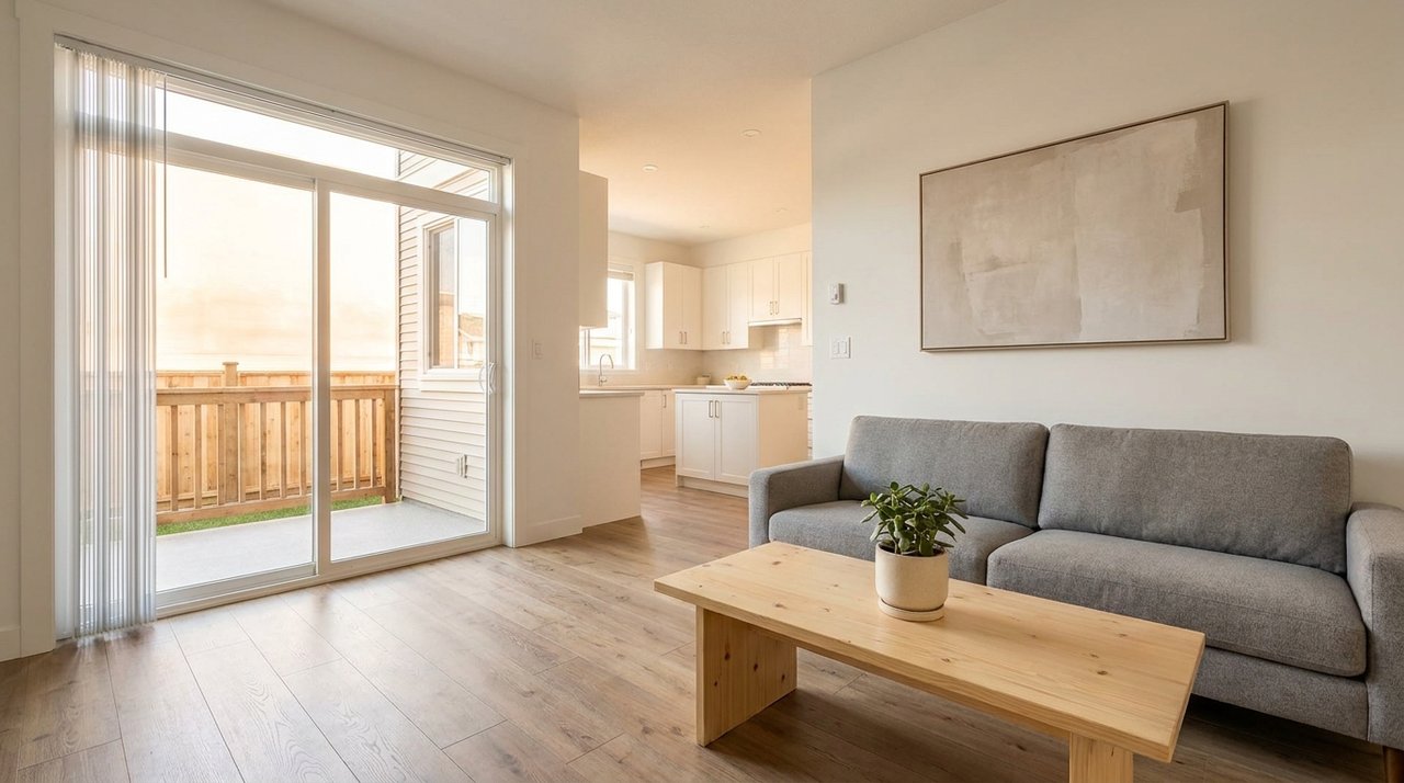 Architectural render of a tenant-ready Surrey, BC rental living room — clean, neutral, move-in finish — the staging quality AG. Song advises for rental-strategy clients, for AG. Song REALTOR®