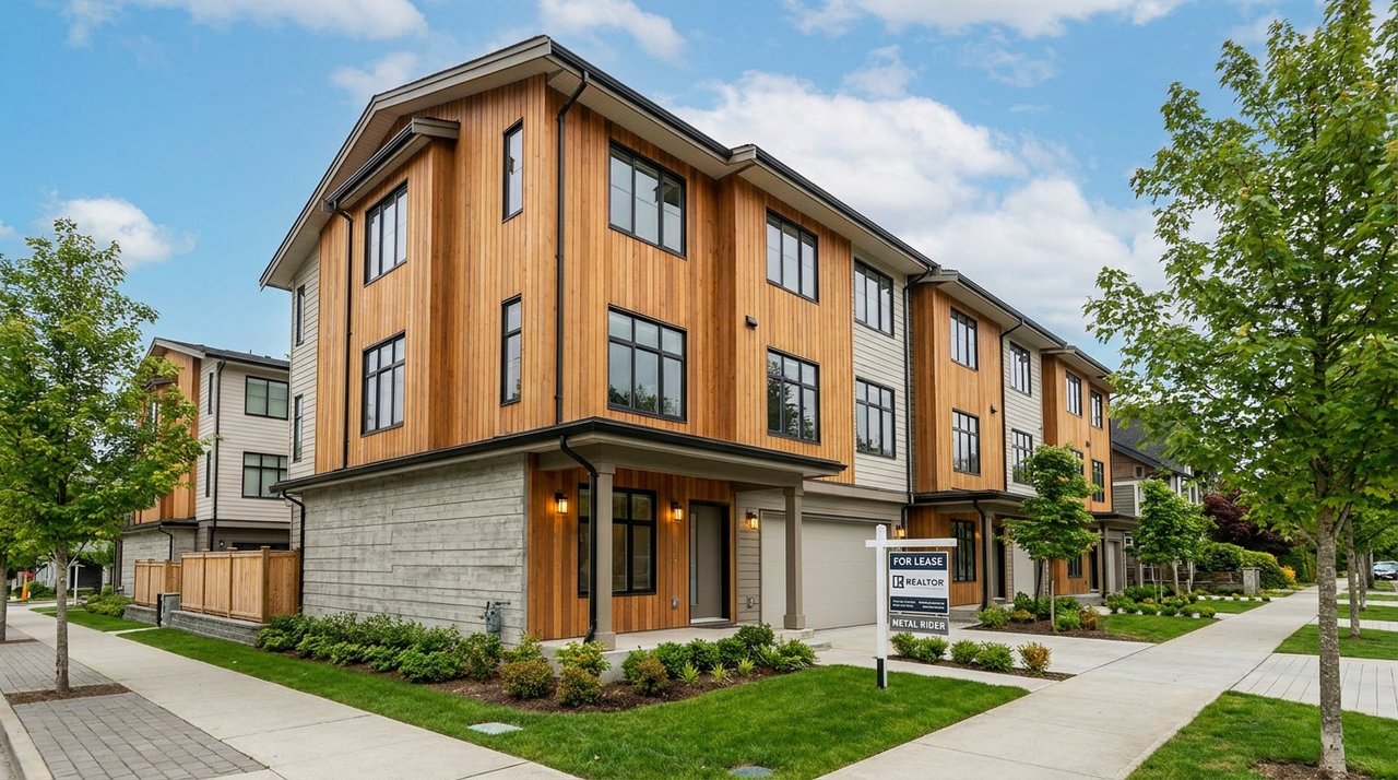 Architectural render of a modern Surrey, BC townhome with a 'FOR LEASE' REALTOR sign rider out front — the kind of rental property AG. Song positions for rental-strategy clients, for AG. Song REALTOR®